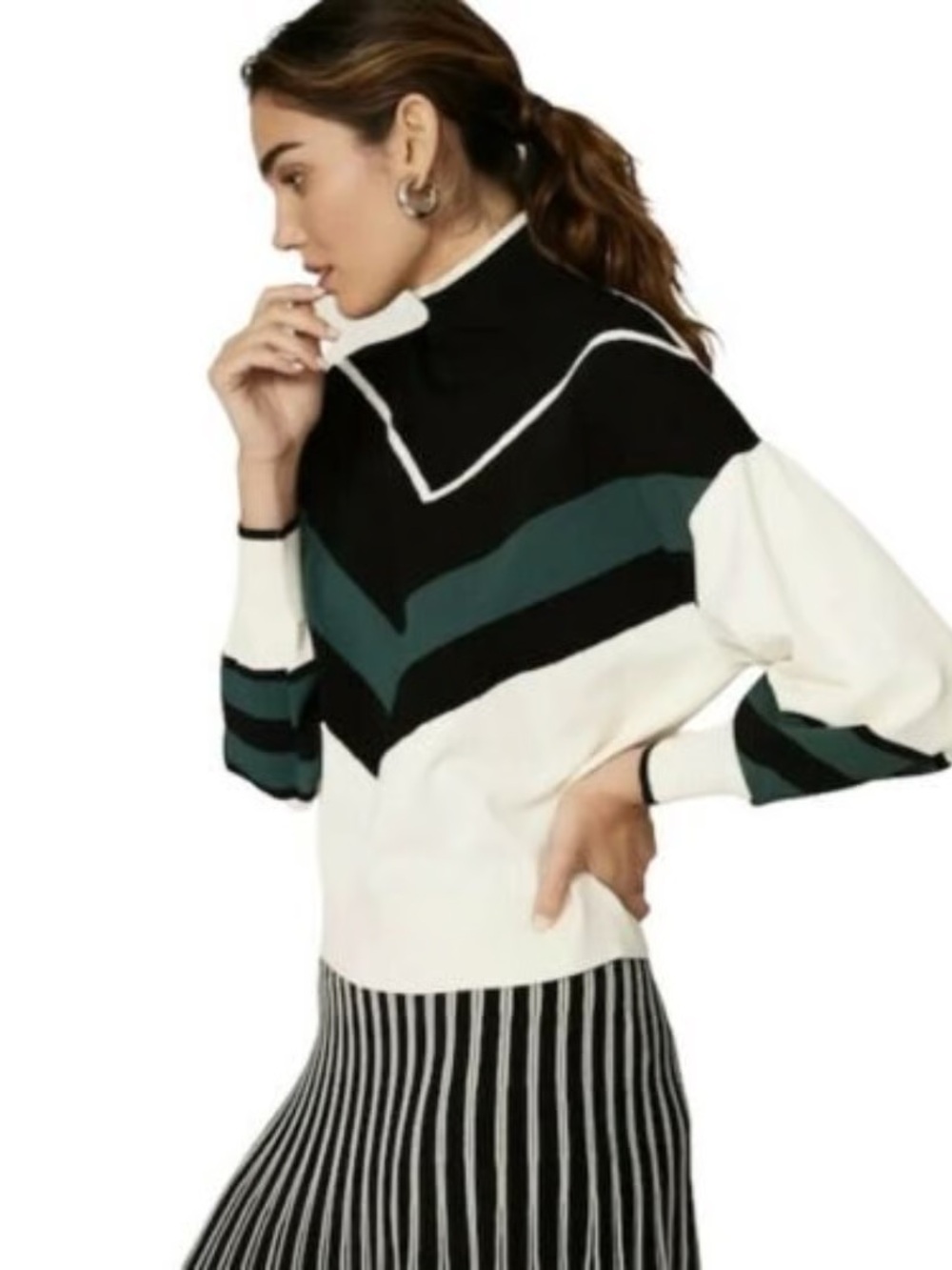 Tanya Taylor Turtleneck Colorblock Chevron Sweater - Black, White & Teal